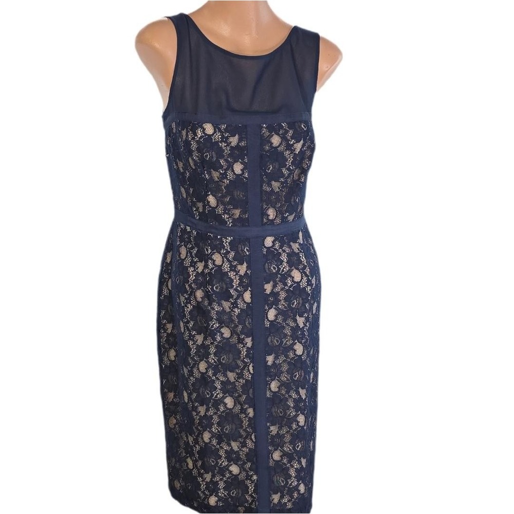 Taylor Lace Sheath Dress Womens 10‎ Navy Sleeveless Illusion Mesh Lined Cocktail